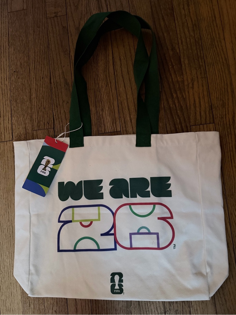 FIFA "We Are 23" Canvas Tote Bag in White with Green Straps